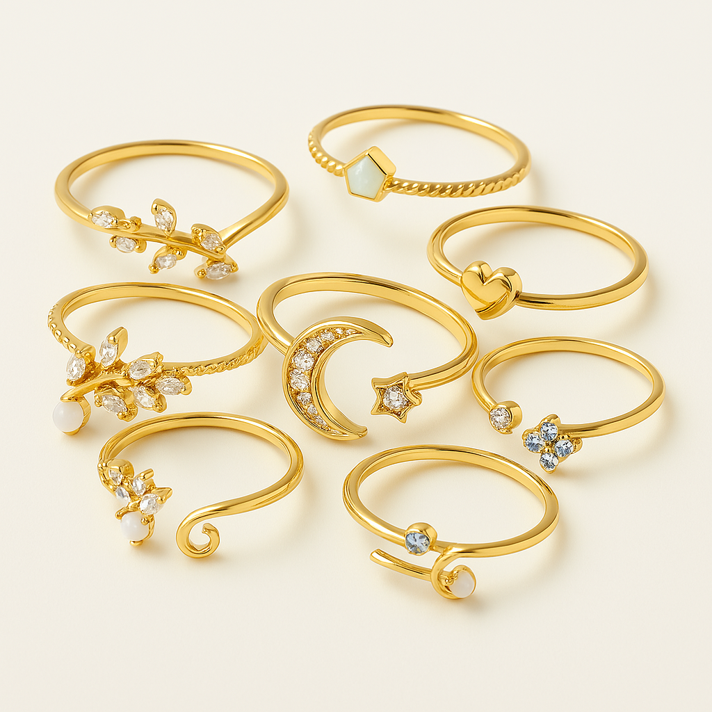 Set of 10 Bohemian Rings in Silver and Gold Plated