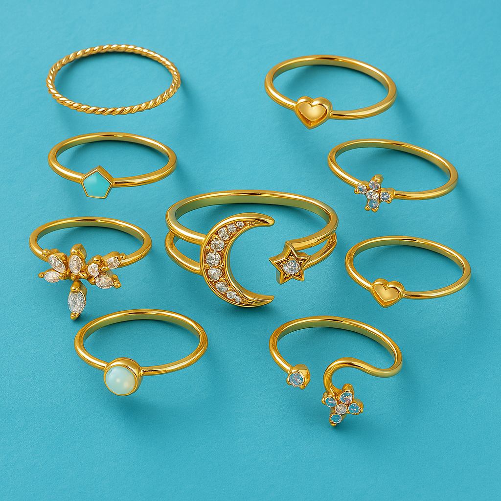 Set of 10 Bohemian Rings in Silver and Gold Plated