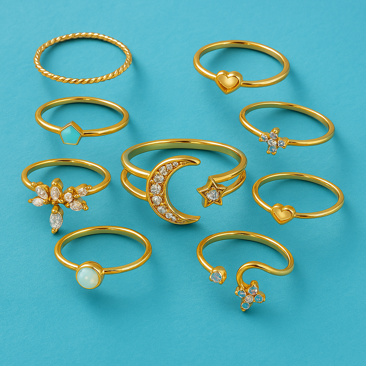 Set of 10 Bohemian Rings in Silver and Gold Plated