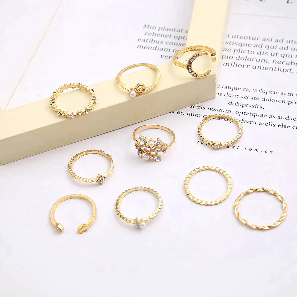 Set of 10 Bohemian Rings in Silver and Gold Plated
