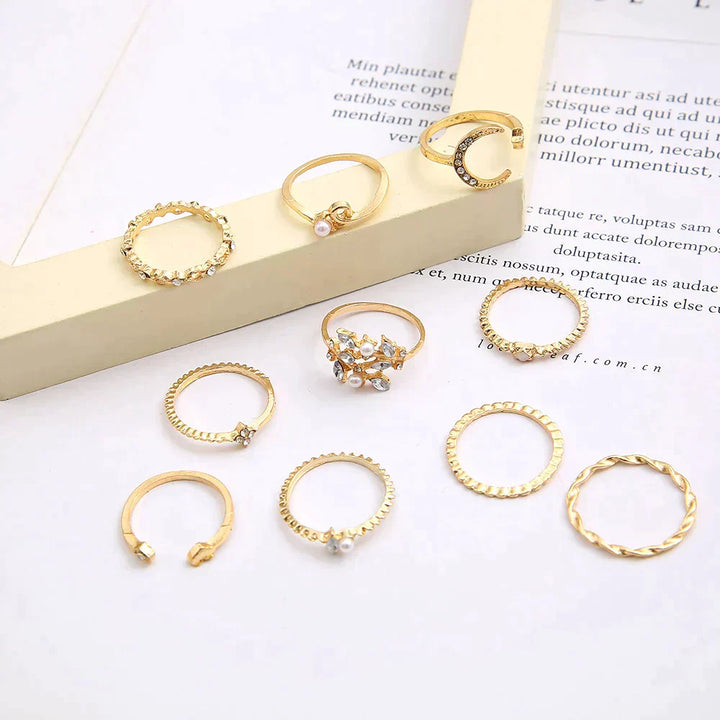 Set of 10 Bohemian Rings in Silver and Gold Plated