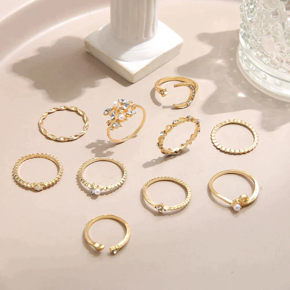 Set of 10 Bohemian Rings in Silver and Gold Plated